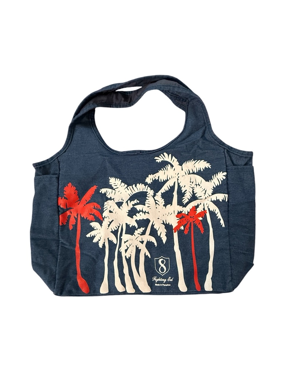 Fighting Eel Navy Canvas Tote with Cream & Red Palm Print